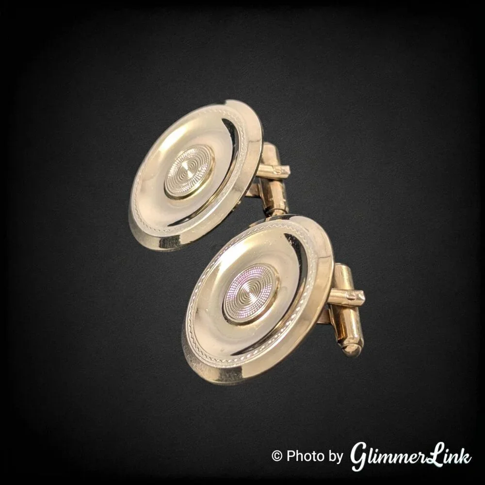 Vintage Mr Tara Art Deco Style Round Circular Etched Gold Tone Cufflinks